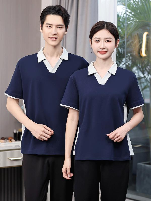 ユニフォーム レディース 女性用 清掃 ホテル 施設管理 サービス業 Vネック 半袖 Tシャツ 吸湿速乾 ストレッチ ポリエステル 紺色 春夏 作業服