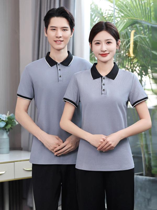 Tシャツ レディース 半袖 作業服 清掃ユニフォーム ホテル 物件管理 商業施設 スタッフ 吸湿速乾 ポリエステル 襟付き ゆったり 大きいサイズ カーキ グレー 春夏