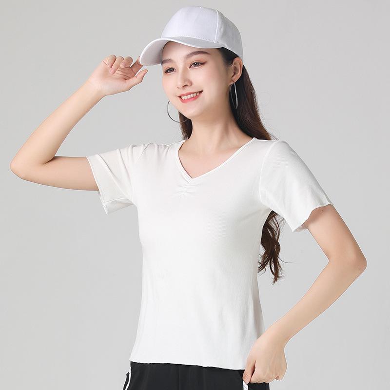 Tシャツ レディース 半袖 Vネック 綿 無地 ダンス 広場ダンス フィットネス エアロビクス ランニング ジョギング 運動 カジュアル 春夏秋 白 黒 オリーブ