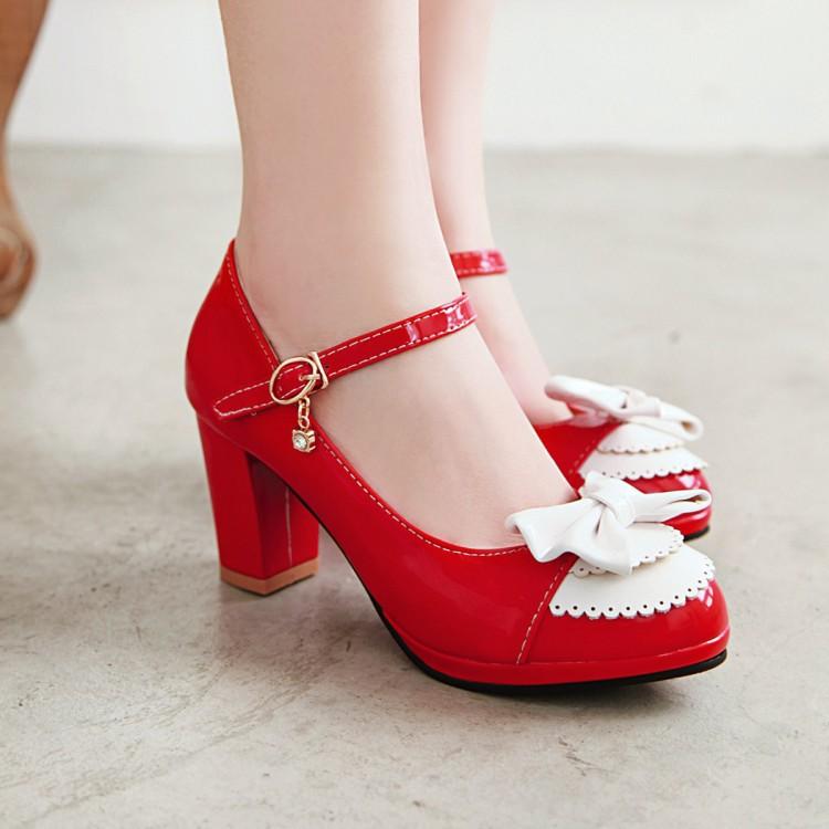 パンプス レディース メリージェーン ラウンドトゥ ハイヒール 7.5cm 太ヒール チャンキーヒール エナメル 合皮 ストラップ リボン かわいい フェミニン...