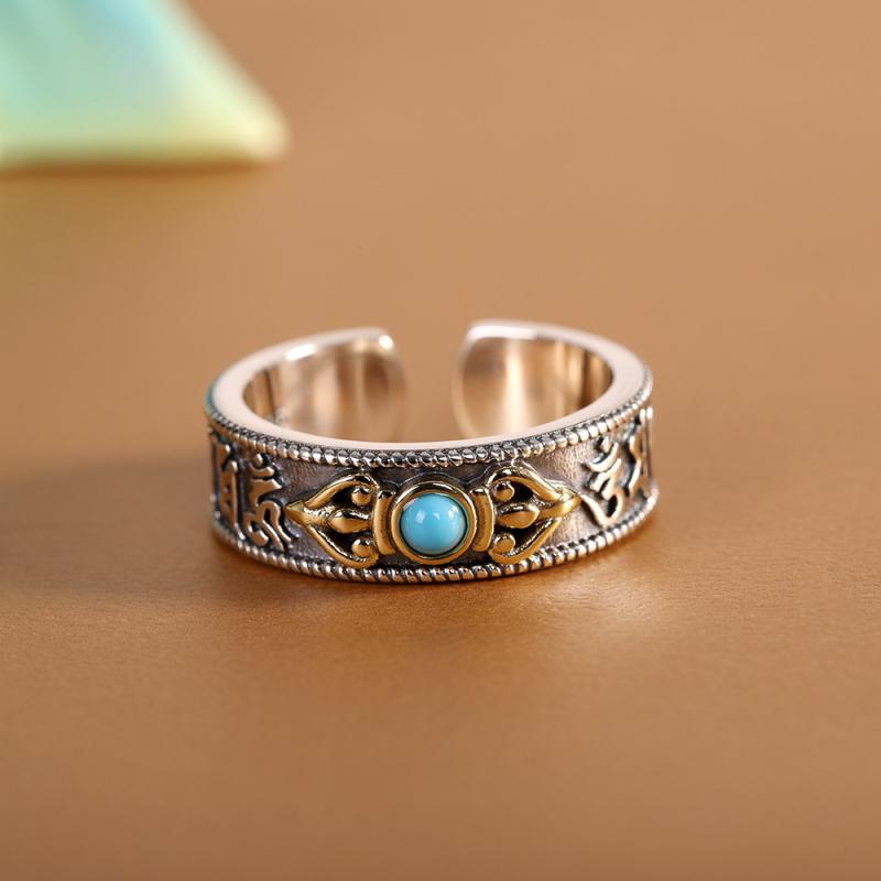 指輪 メンズ レディース 男女兼用 ユニセックス アクセサリー 中国風 レトロ アンティーク 銅製 電気メッキ 精巧 金剛杵 ターコイズ 六字真言 漢字 フリーサイズ 調節可能 お守り 普段使い(x2)