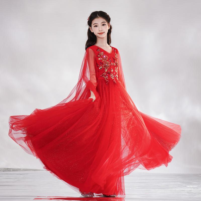 チャイナドレス キッズ 女の子 唐装 発表会 演奏会 ステージ 古筝 二胡 中国古典舞 レッド スパンコー..