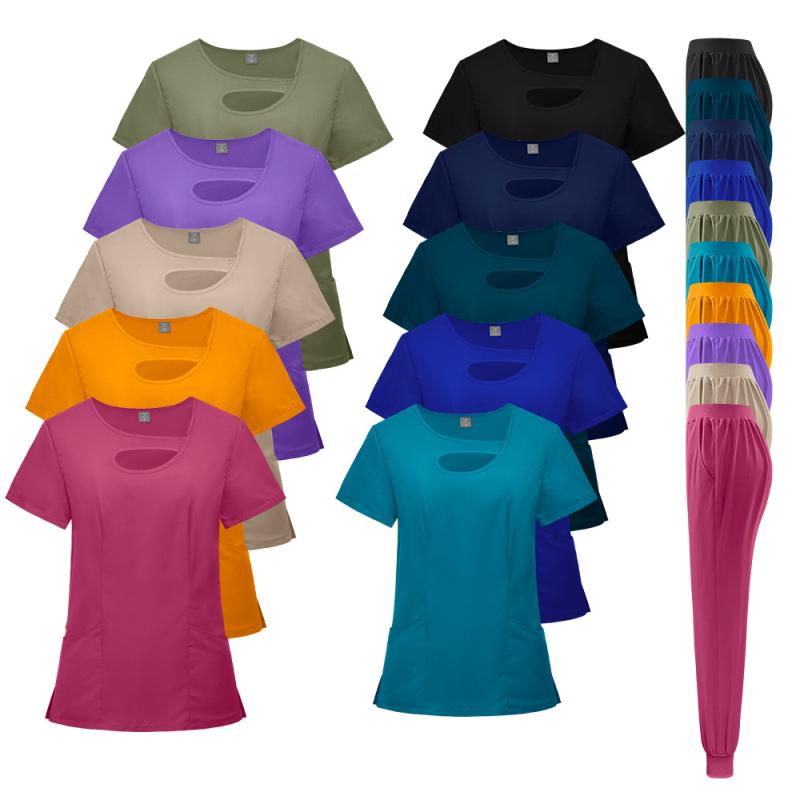 スクラブ レディース 女性用 歯科 病院 医療機関 看護師 介護士 作業着 ユニフォーム セットアップ 吸湿速乾 半袖 Vネック ポリエステル スパンデックス オールシーズン 多彩なカラー