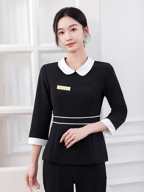 ユニフォーム レディース 女性用 美容師 エステサロン 施術者 スタッフ 高級感 セットアップ 作業服 吸湿速乾 ポリエステル 丸首 七分袖 長ズボン 秋冬