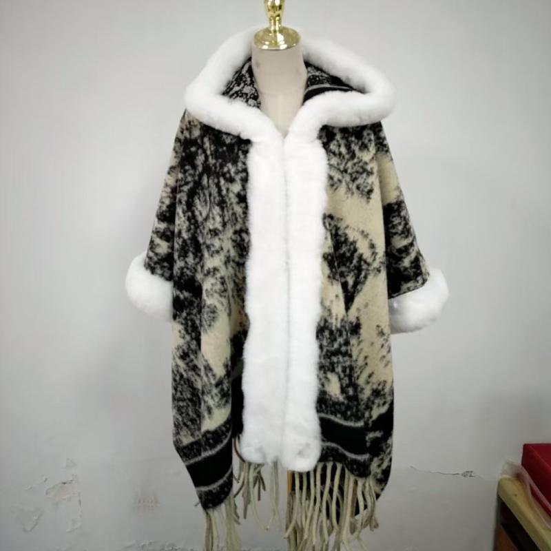 ポンチョ レディース フード付き フェイクファー襟 民族風 レトロ調 フェイクカシミヤ 旅行 トラベル ..