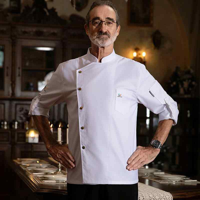 調理服 男女兼用 飲食店 レストラン ホテル 厨房 コックコート シェフ服 上質 プロ仕様 業務用 高級感 袖口アジャスター 長袖 スタンドカラー 吸湿速乾 綿...