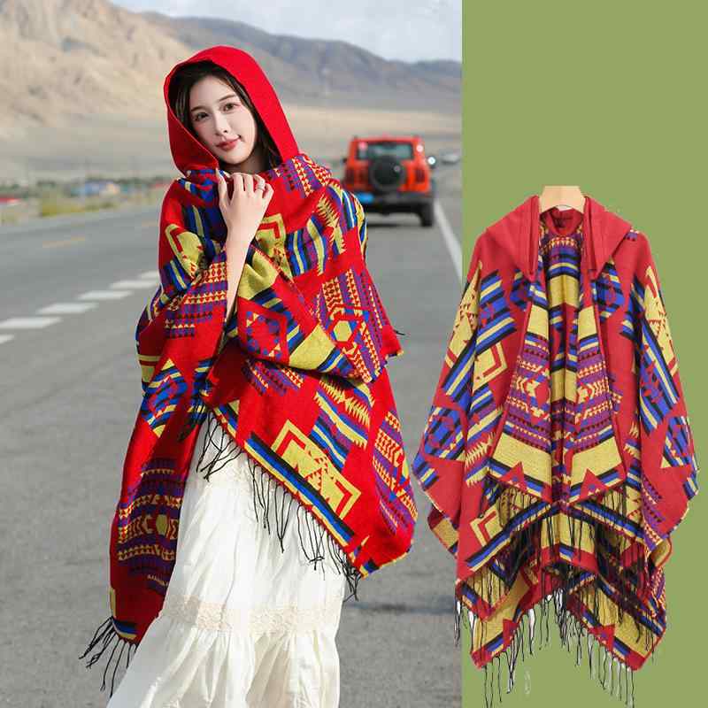 ショール ケープ レディース 花柄 ニット フェイクカシミヤ カシミヤタッチ 保温 フリンジ 民族風 レトロ柄 旅行 観光 写真撮影 普段使い お洒落 羽織り レッド系 グレー系 ブルー系