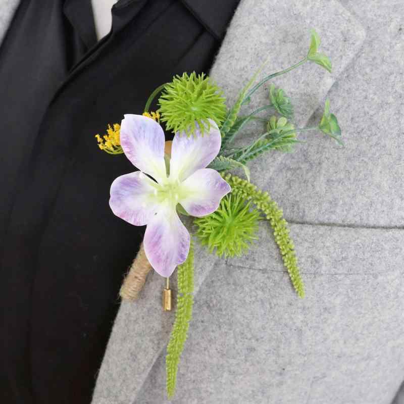 コサージュ ブートニア 結婚式 ウェディング ゲスト 新郎 新婦 造花 アートフラワー 披露宴 パーティー セレモニー ビジネス 式典 開業祝い ナチュラル ヨーロピアン レモングリーン ライラックパープル(x2)