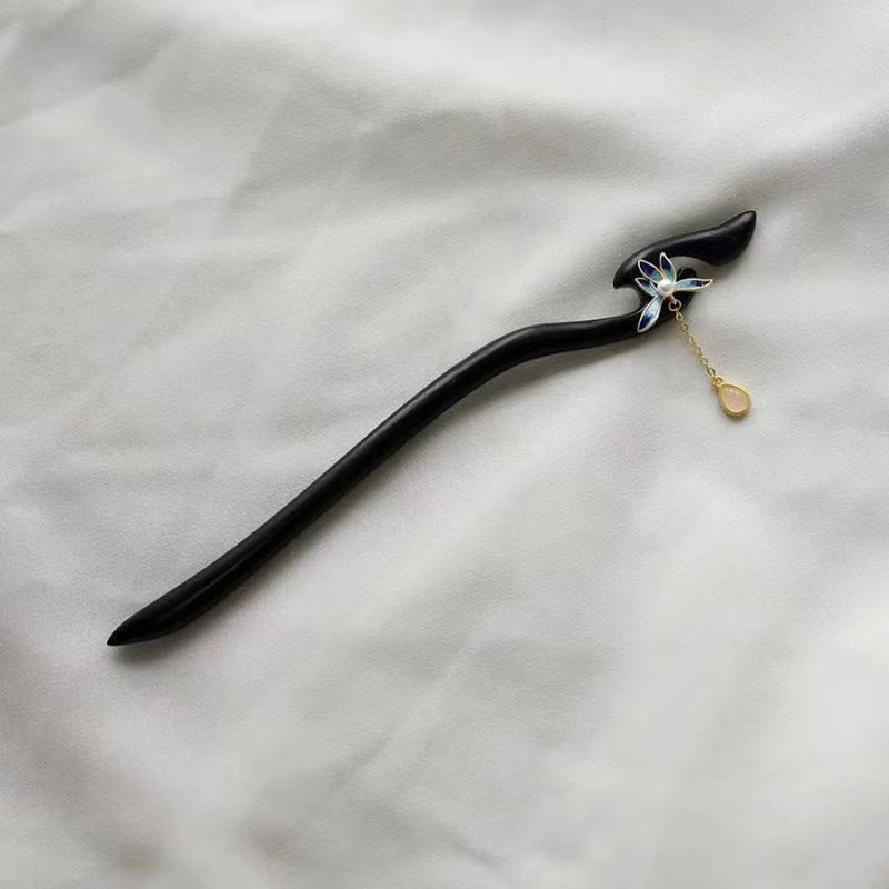 簪 胡蝶蘭 七宝焼き 黒檀 木製 髪飾り 新中国風 レトロ クラシック 和装小物 チャイナドレス 漢服 アッ..