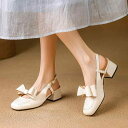 メリージェーンシューズ レディース 女性用 PUレザー ラウンドトゥ Tストラップ リボン 4.5cmヒール チャンキーヒール 太ヒール 韓国風 フェミニン か...
