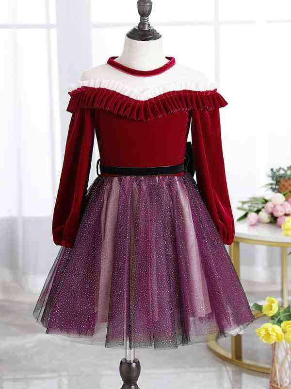 ワンピース キッズ 女の子 子供服 秋冬 長袖 ワインレッド ボルドー ベロア ベルベット ポリエステル ..