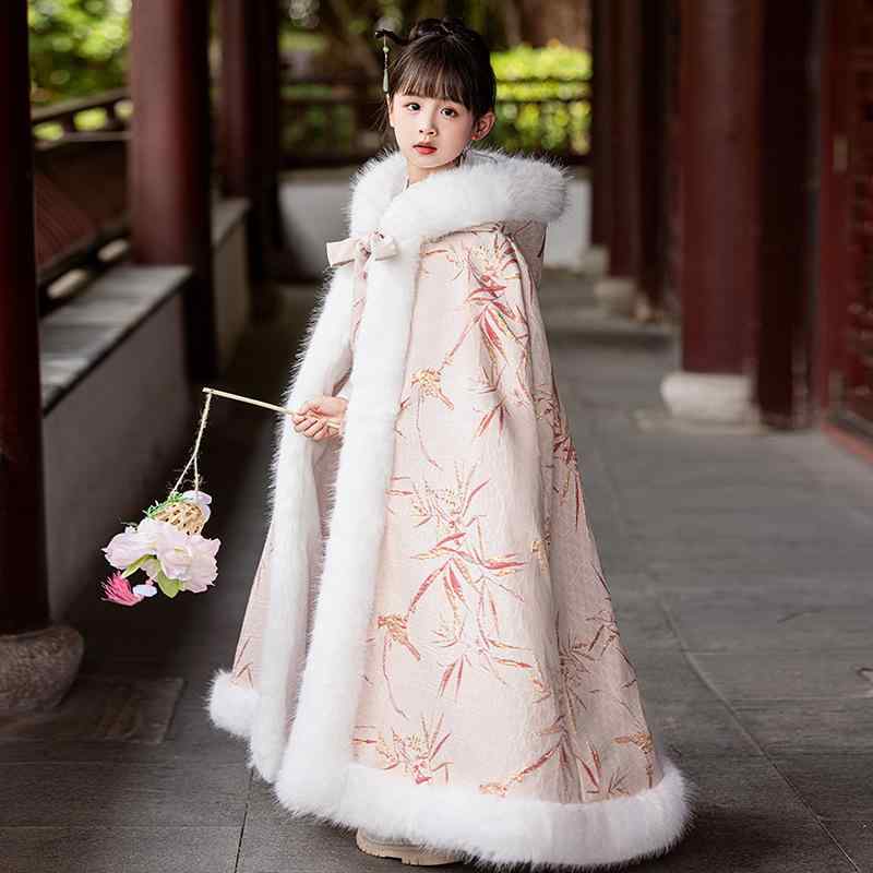 キッズ 女の子 中華風 民族衣装 伝統衣装 ケープ ポンチョ コート ロング丈 厚手 裏ボア 防寒 フード付き 冬物 アウター 無地 赤系 かわいい プリンセス...