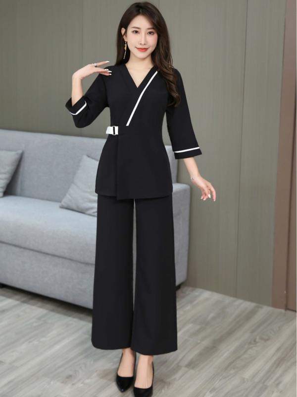 ユニフォーム レディース 美容師 美容室 エステサロン 制服 フットケア セラピスト 技術者用 上下セット パンツスーツ 吸湿速乾 細見え スタイルアップ 半袖 七分袖 ポリエステル ホワイト ブラック