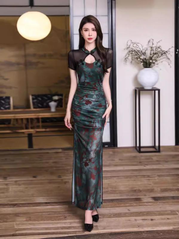 チャイナドレス レディース 改良 セクシー エレガント ローカット スリット ロングワンピース マキシ丈..