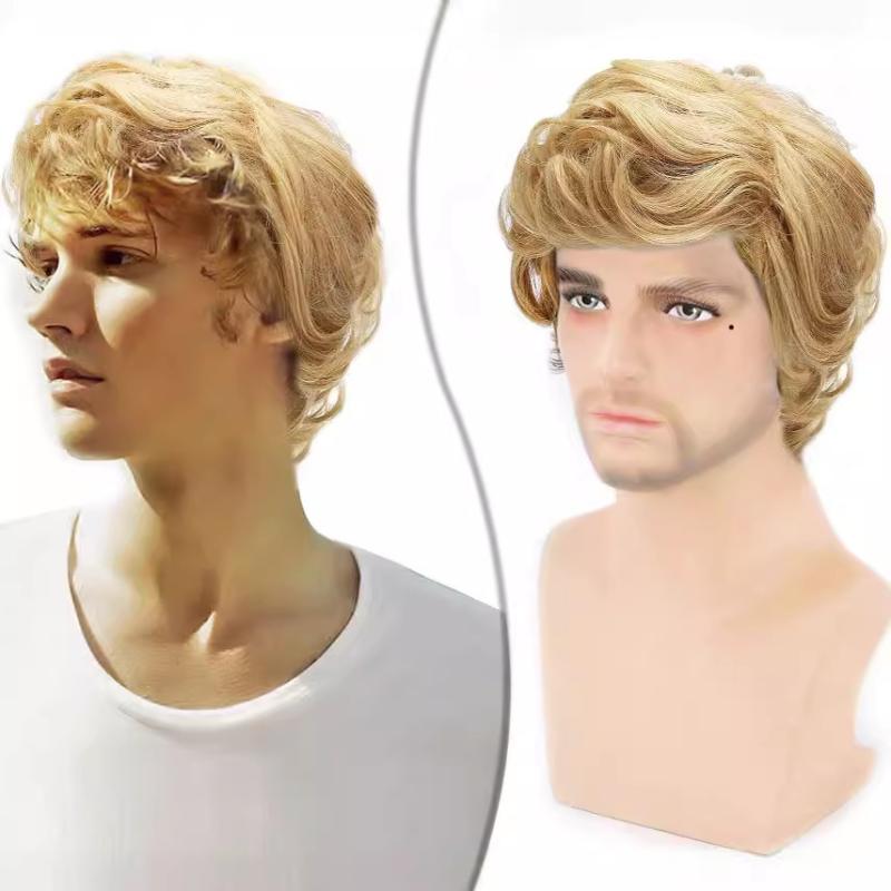 ウィッグ メンズ 男性用 フルウィッグ 全頭かつら 金髪 ゴールド 欧米風 カール ショートヘア ナチュラ..