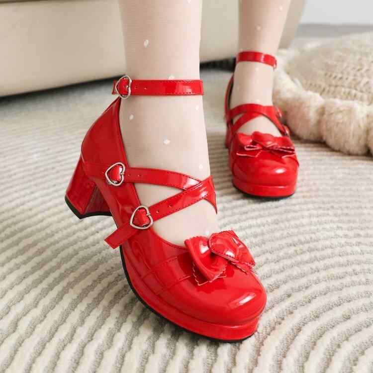 パンプス レディース 春夏 ロリータ 学院風 スクール スウィート ガーリー フェミニン リボン 蝶結び 太ヒール チャンキーヒール ミドルヒール ストラップ ...