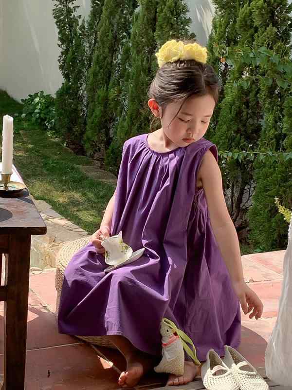 子供服 女の子 ベビー ワンピース 綿 コットン 春夏 韓国風 おしゃれ かわいい ノースリーブ キャミソール プリンセスドレス ランタンスカート 無地 柔らか ベージュ ローズレッド パープル