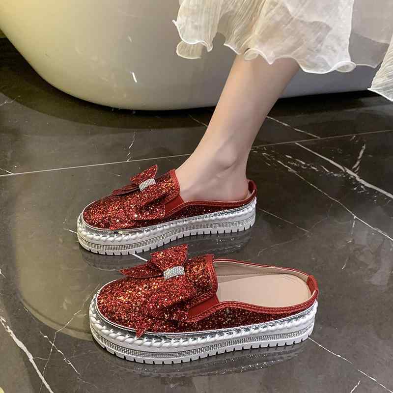 ミュール レディース 大きいサイズ カジュアル 春夏 フラットパンプス 厚底 ラウンドトゥ リボン スパンコール ぺたんこ ブラック 普段使い