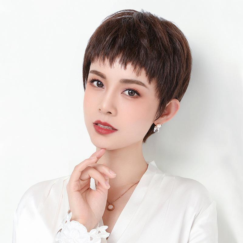 ショートウィッグ レディース 人毛100% 眉上バング 総手植え ストレート 小顔効果 白髪隠し 薄毛隠し ..