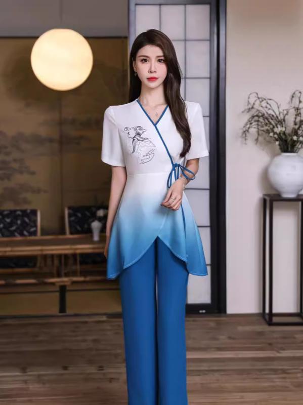 パンツ レディース フットセラピスト 足つぼ 整体 マッサージ サロン ホテル ユニフォーム 作業着 体型カバー 着痩せ 長ズボン 吸湿速乾 ポリエステル ブルー 春夏