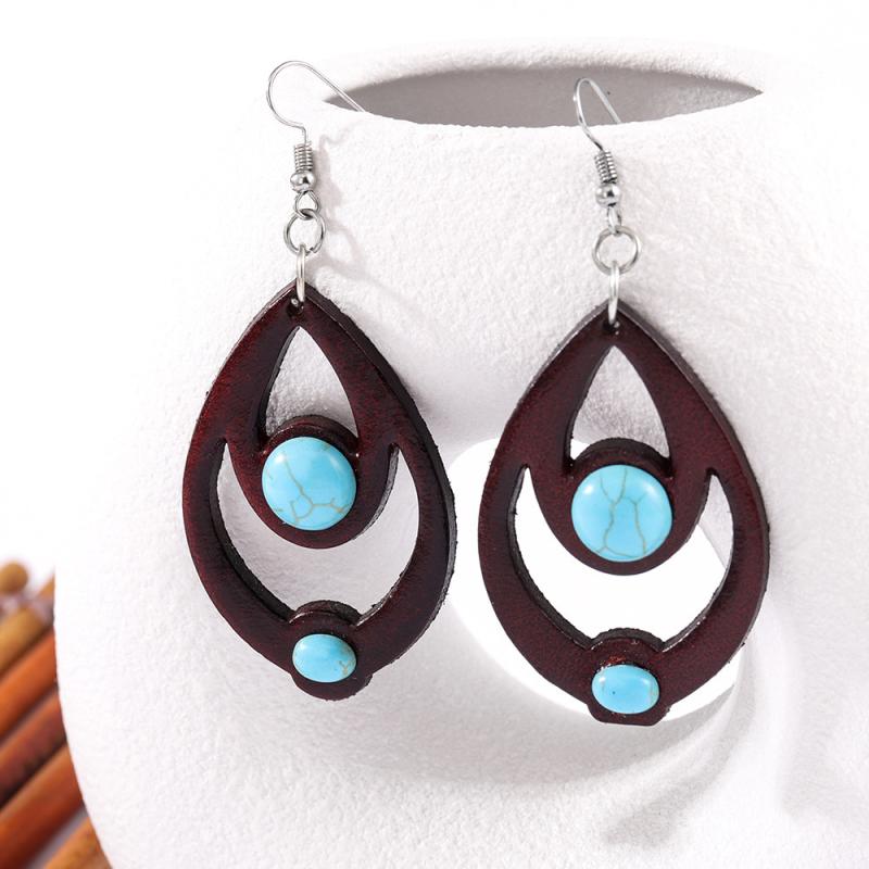 ピアス レディース ヴィンテージ レトロ ボヘミアン エスニック ターコイズ レザー カットワーク 葉 リ..