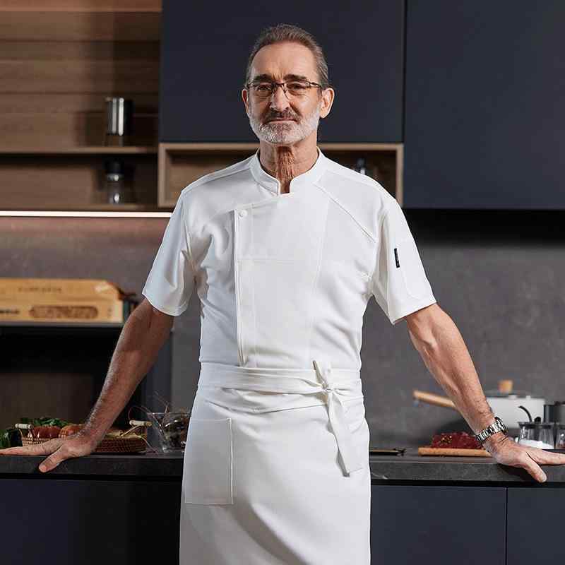 コックコート メンズ 高級感 伸縮性 吸湿速乾 半袖 調理服 ユニフォーム 春夏 飲食店 ホテル レストラン 厨房 調理場 作業着 白 黒 ポリエステル 綿 立...