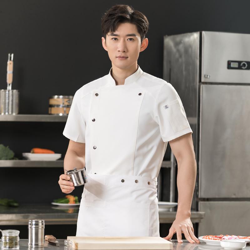 コックコート 男女兼用 ホテル レストラン 厨房 シェフ 料理人 ユニフォーム 作業着 半袖 スタンドカラー 通気性 吸湿速乾 春夏 綿混