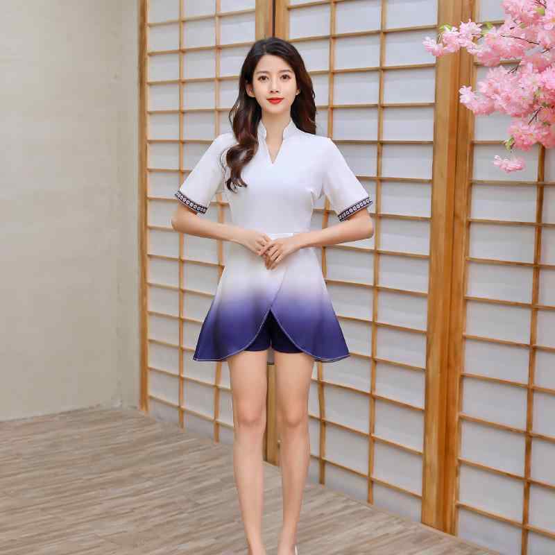 サロンユニフォーム レディース 美容師 エステティシャン 施術師 フットケア マッサージ 足浴サロン 制服 作業服 高級感 上品 エレガント 半袖 セットアップ ポリエステル パープル 紫色 春夏