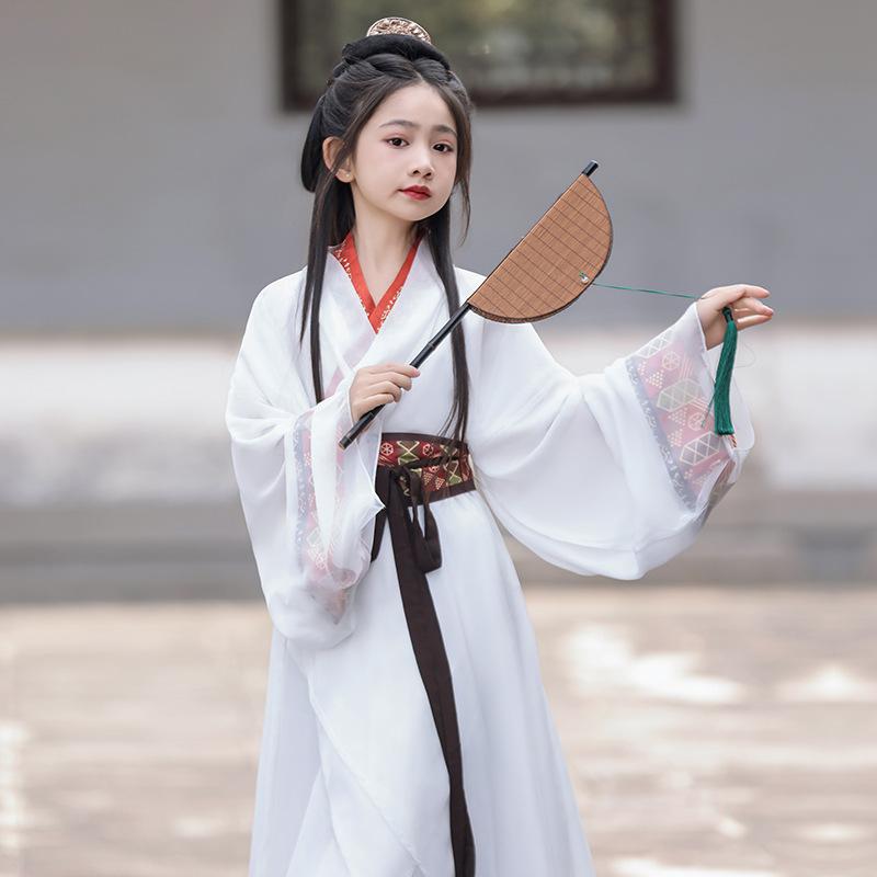 漢服 女の子 キッズ 白 ホワイト 中国民族服 古典服 戦国袍 直裾 トレーン ロング丈 舞台衣装 発表会 イベント コスプレ エレガント 華やか プリンセス 薄手