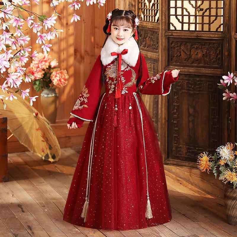 キッズ 女の子 チャイナドレス 中国風 唐装 お正月 祝い着 厚手 裏起毛 ワインレッド 花柄 プリンセス ..