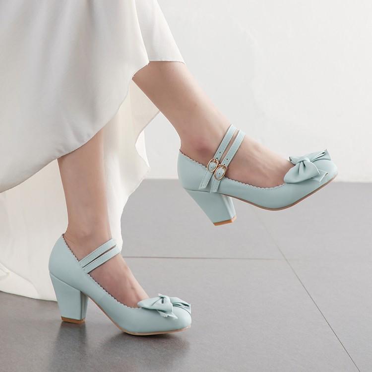 パンプス レディース メリージェーン ストラップ リボン チャンキーヒール 7cmヒール ラウンドトゥ 合成皮革 無地 甘め フェミニン かわいい おしゃれ 春...