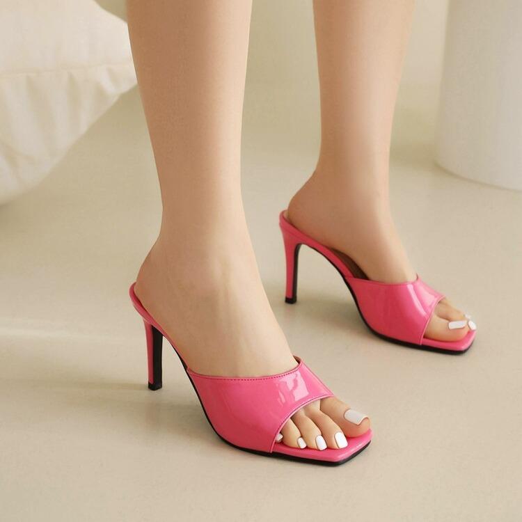 サンダル レディース 春夏 エナメル 単色 スクエアトゥ ミュール 欧米風 ピンヒール スリッポン おしゃ..