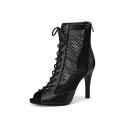 サンダル レディース 女性用 オープントゥ 細ヒール ハイヒール メッシュ シースルー ストラップ ジャズダンス ダンスシューズ 発表会 舞台 春夏 サマーブーツ PU素材 合皮 ゴム底 ブラック ベージュ