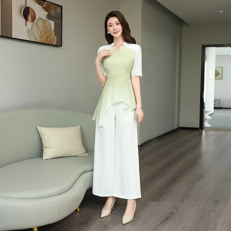 制服 美容室 エステサロン 美容師 フットケア セラピスト 施術着 ユニフォーム セットアップ 業務服 エレガント 上品 清楚 伸縮性 フリンジ グリーン オレ...