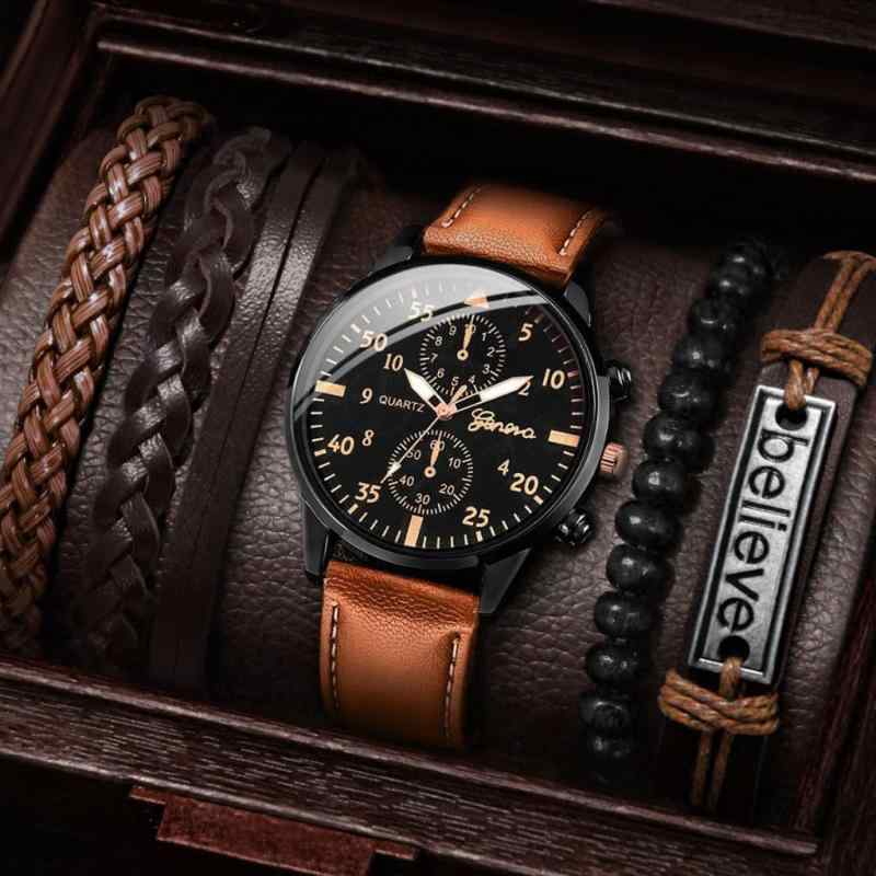 腕時計 男性用 メンズ アクセサリーセット 中学生 高校生 受験 試験用 ウォッチ 防水 10M クォーツ アナログ ラバーベルト 蓄光 シンプル カジュアル ブラック チョコレート色