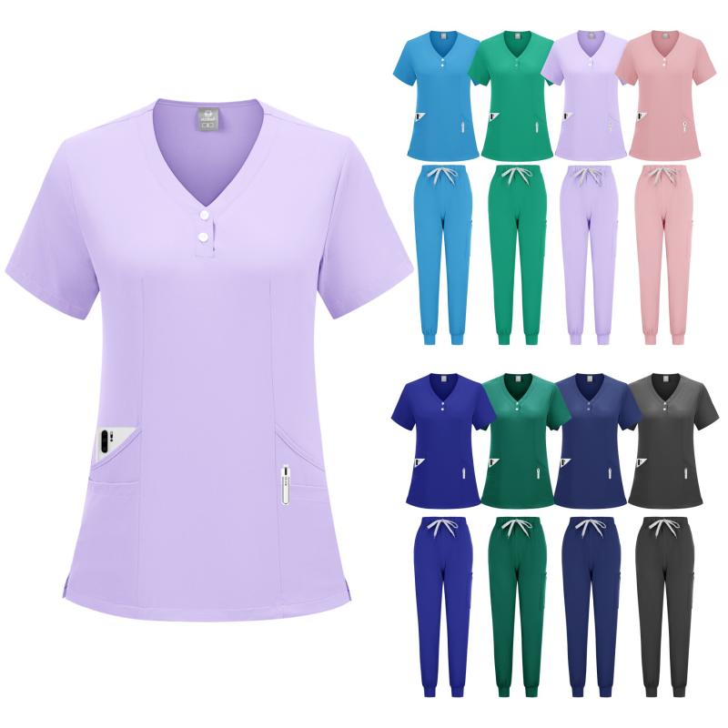 医療白衣 男女兼用 スクラブ 上下セット 半袖 Vネック 吸湿速乾 ポリエステル スパンデックス 伸縮素材 長ズボン 病院 医師 看護師 エステ服 美容ウェア 春夏秋