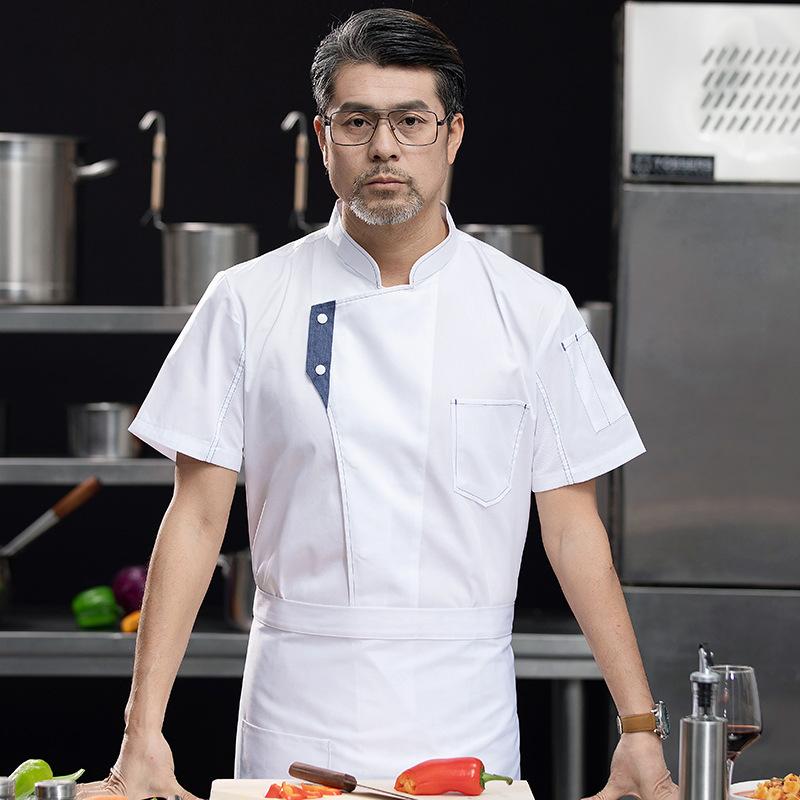 コックコート メンズ 半袖 デニム 切り替え おしゃれ シェフ服 軽量 薄手 通気性 吸湿速乾 厨房 作業服 調理用 春夏 綿混 立襟 白 黒