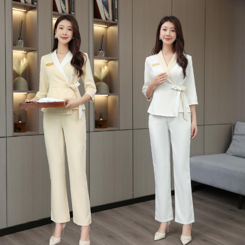 エステユニフォーム 施術着 フットケア 高級感 秋 マッサージ スパ サロン リラクゼーション 七分袖 セットアップ ロングパンツ ポリエステル アプリコット ホワイト