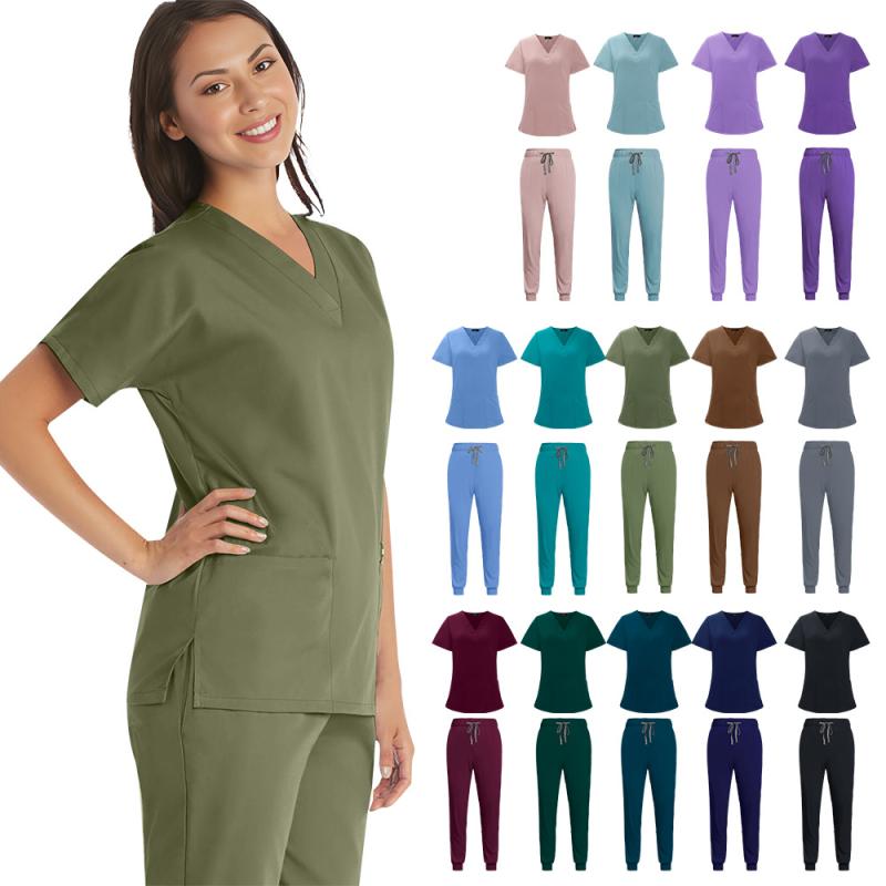 スクラブ レディース 女性用 医療ユニフォーム 病院 介護 Vネック 半袖 長ズボン 上下セット 吸湿速乾 伸縮性 ポリエステル スパンデックス素材