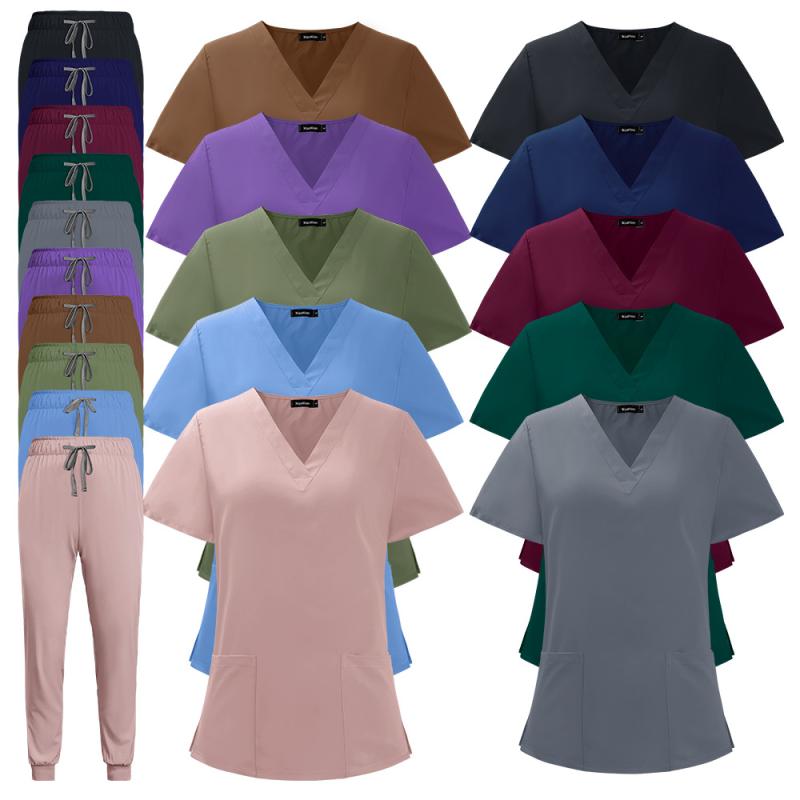 スクラブ 男女兼用 ユニセックス 半袖 Vネック セットアップ 上下セット シンプル カジュアル 無地 薄..