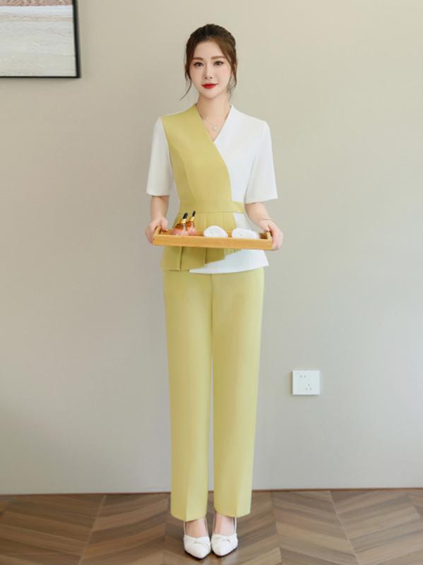 チュニック レディース 美容師 エステティシャン セラピスト サロン 施術 制服 ユニフォーム ワンピース パンツ セットアップ 吸湿速乾 ポリエステル ライムグリーン 春夏