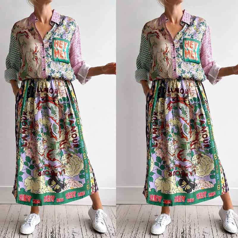 セットアップ レディース 個性的 ストリートカジュアル サテン 光沢感 ポリエステル アートプリント 長袖シャツ ブラウス ミディスカート 2点セット 秋冬