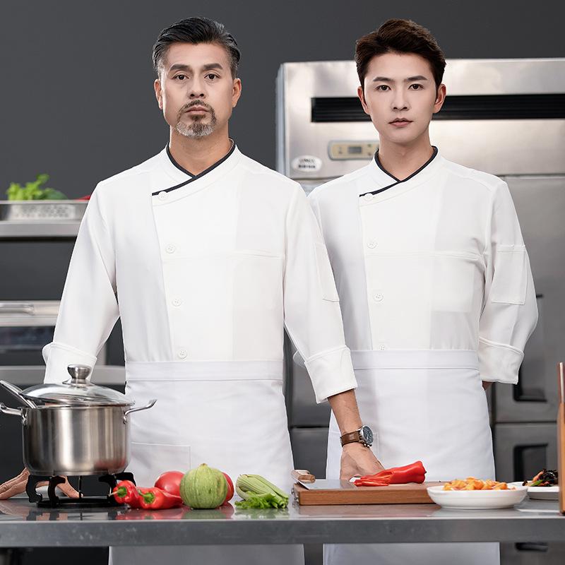 コックコート 男女兼用 ホテル レストラン 洋食 ベーカリー 厨房 調理服 制服 高級感 シェフ ストレッチ 吸湿速乾 長袖 立ち襟 ポリエステル 綿 混紡 ホ...