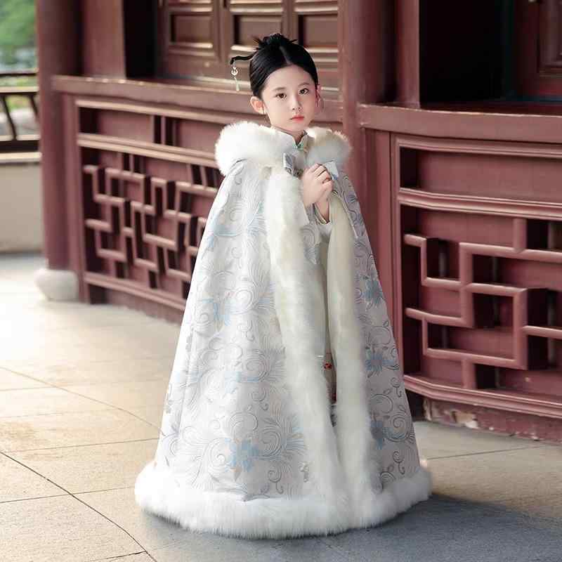 漢服 女の子 女児 キッズ フード付き ポンチョ ケープ ショール プリンセス風 中国風 花柄 厚手 防風 保温 麻混 綿裏地 紐留め 秋冬 お出かけ アウター...
