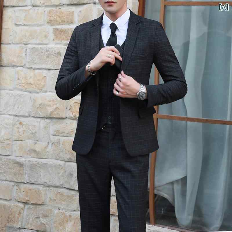 スーツ メンズ スリーピース セットアップ チェック柄 スリムフィット シングル 1つボタン ビジネス フォーマル 結婚式 通勤 オフィス ジャケット スラックス ベスト 混紡素材 アセテート繊維