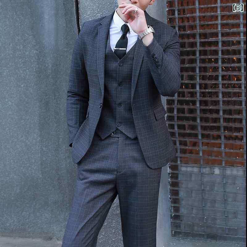スーツ メンズ スリーピース セットアップ チェック柄 スリムフィット シングル 1つボタン ビジネス フォーマル 結婚式 通勤 オフィス ジャケット スラックス ベスト 混紡素材 アセテート繊維