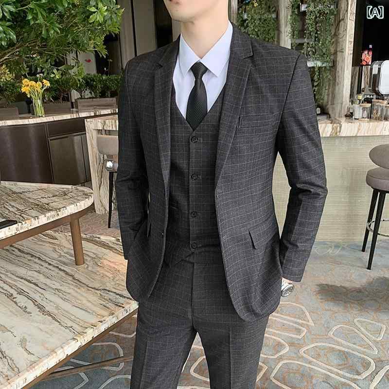 スーツ メンズ 男性用 セットアップ スリーピース ベスト付 春秋 スリムフィット タイトフィット ビジネス フォーマル オフィス 結婚式 婚礼 披露宴 新郎 タキシード ポリエステル混紡 アセテート混紡 グレー ブラック ネイビー