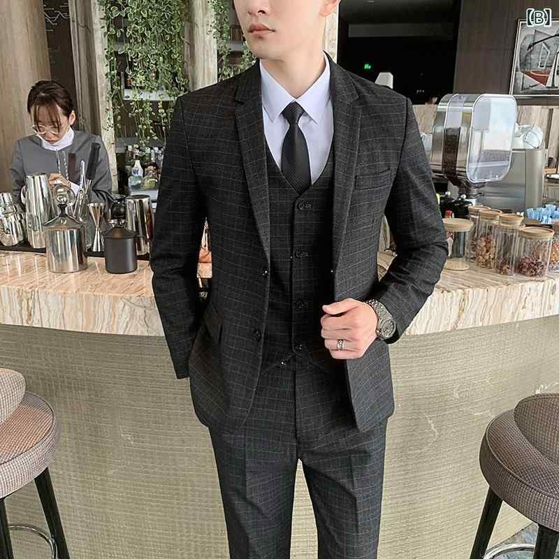 スーツ メンズ 男性用 セットアップ スリーピース ベスト付 春秋 スリムフィット タイトフィット ビジネス フォーマル オフィス 結婚式 婚礼 披露宴 新郎 タキシード ポリエステル混紡 アセテート混紡 グレー ブラック ネイビー