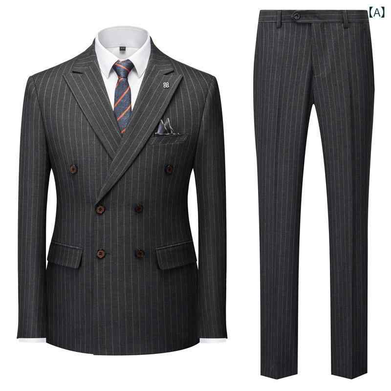 スーツ メンズ 男性用 ダブルブレスト ツーピース セットアップ コーデュロイ リネン 麻 スリムフィット ノッチドラペル テーラードジャケット グレー 韓国風 カジュアル スタイリッシュ オフィス ビジネス 通勤 春夏 2点セット