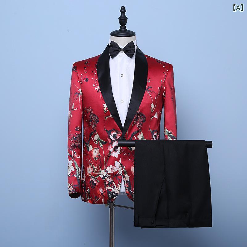 スーツ メンズ 舞台 ステージ 合唱 発表会 演奏会 衣装 中国風 韓国風 プリント柄 スリムフィット テーラード セットアップ